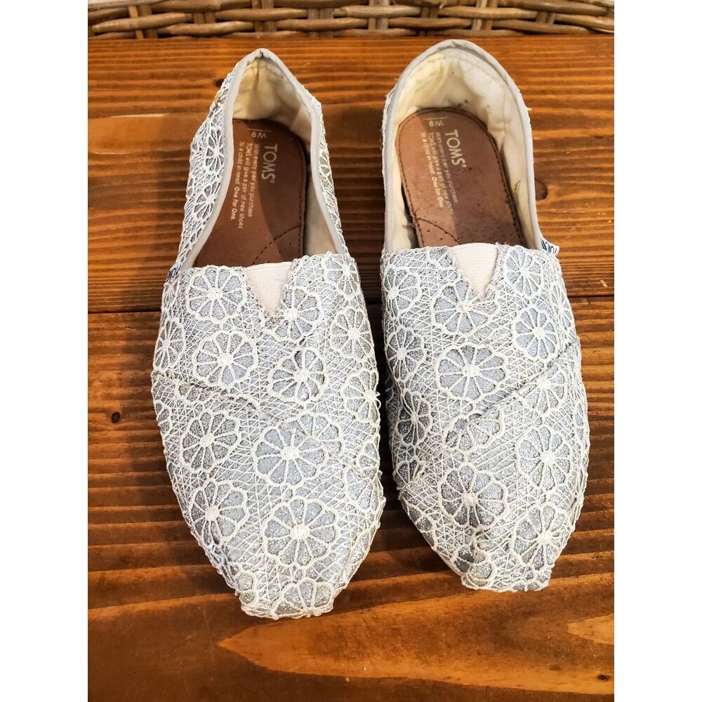 Toms Womens Bridal Wedding Floral Lace Slip-On Shoes 9 White Beige Casual Flats